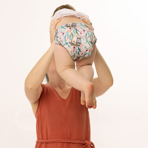 Baby in cloth nappy with Australian Animal Print