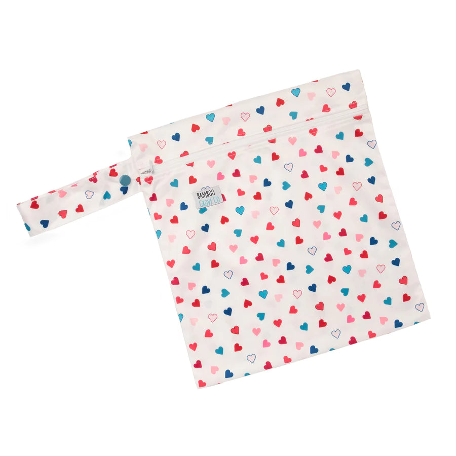 White wet bag with a heart print
